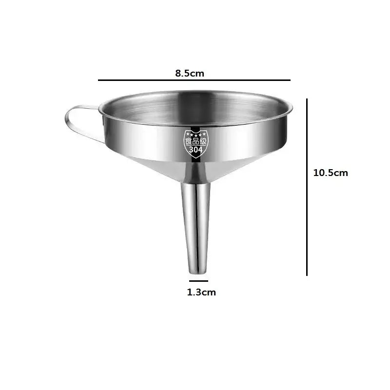 A sleek stainless steel funnel with handle and 304 engraving for decorbites clear glass beverage bottles juicing set