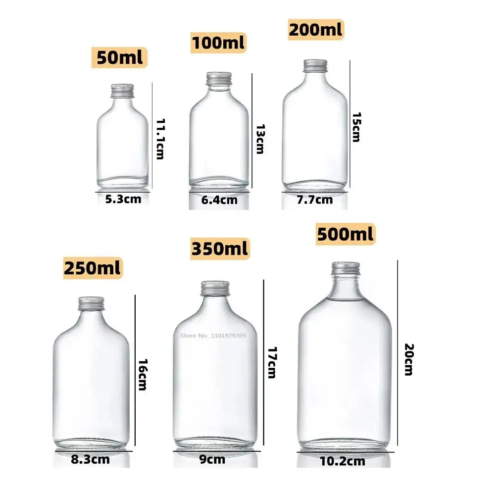 Clear glass beverage bottles with silver caps in various sizes from 50ml to 500ml by decorbites clear glass