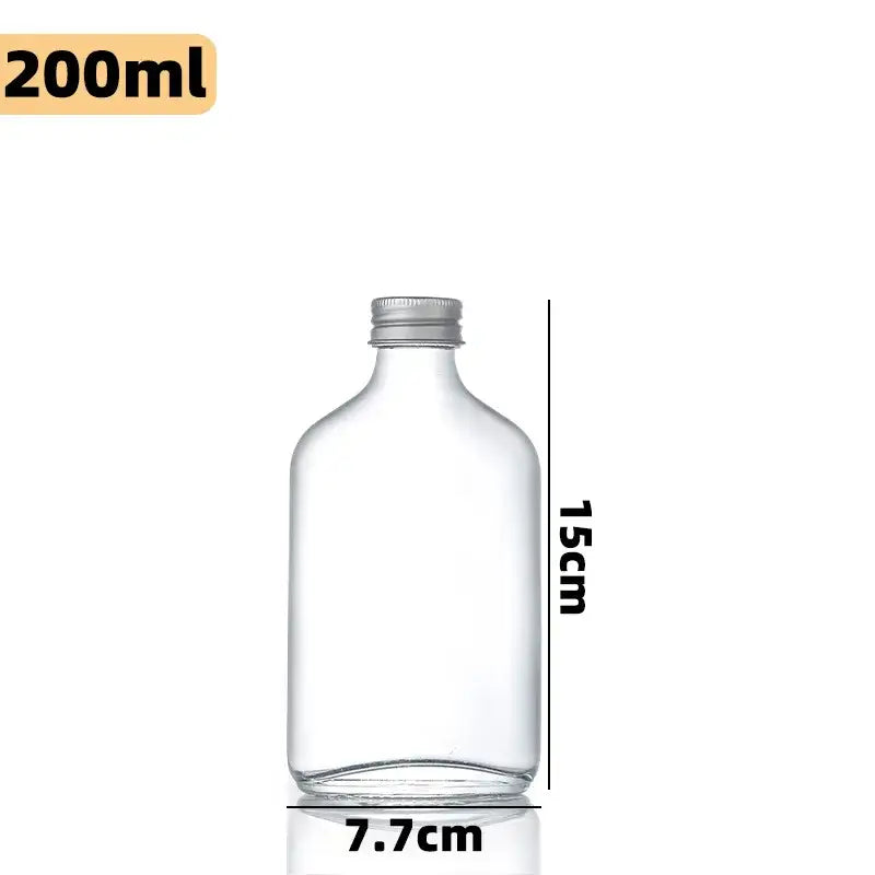 Clear glass beverage bottle with silver metal cap 200ml 15cm height 7.7cm base decorbites clear glass