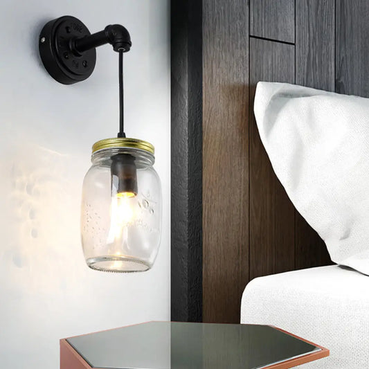 Aplique de pared negro de cristal transparente con pantalla de estilo industrial - Lámpara de 1 luz para pasillo