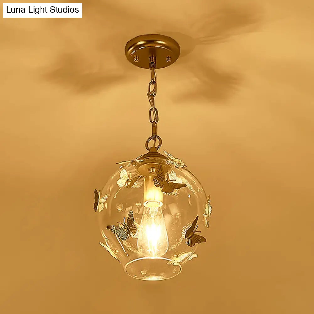 Clear Glass Bud Drop Pendant Light - Contemporary 1-Light Bedroom Suspension Lamp with Butterfly Deco