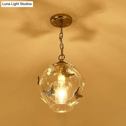 Clear Glass Bud Drop Pendant Light - Contemporary 1-Light Bedroom Suspension Lamp with Butterfly Deco