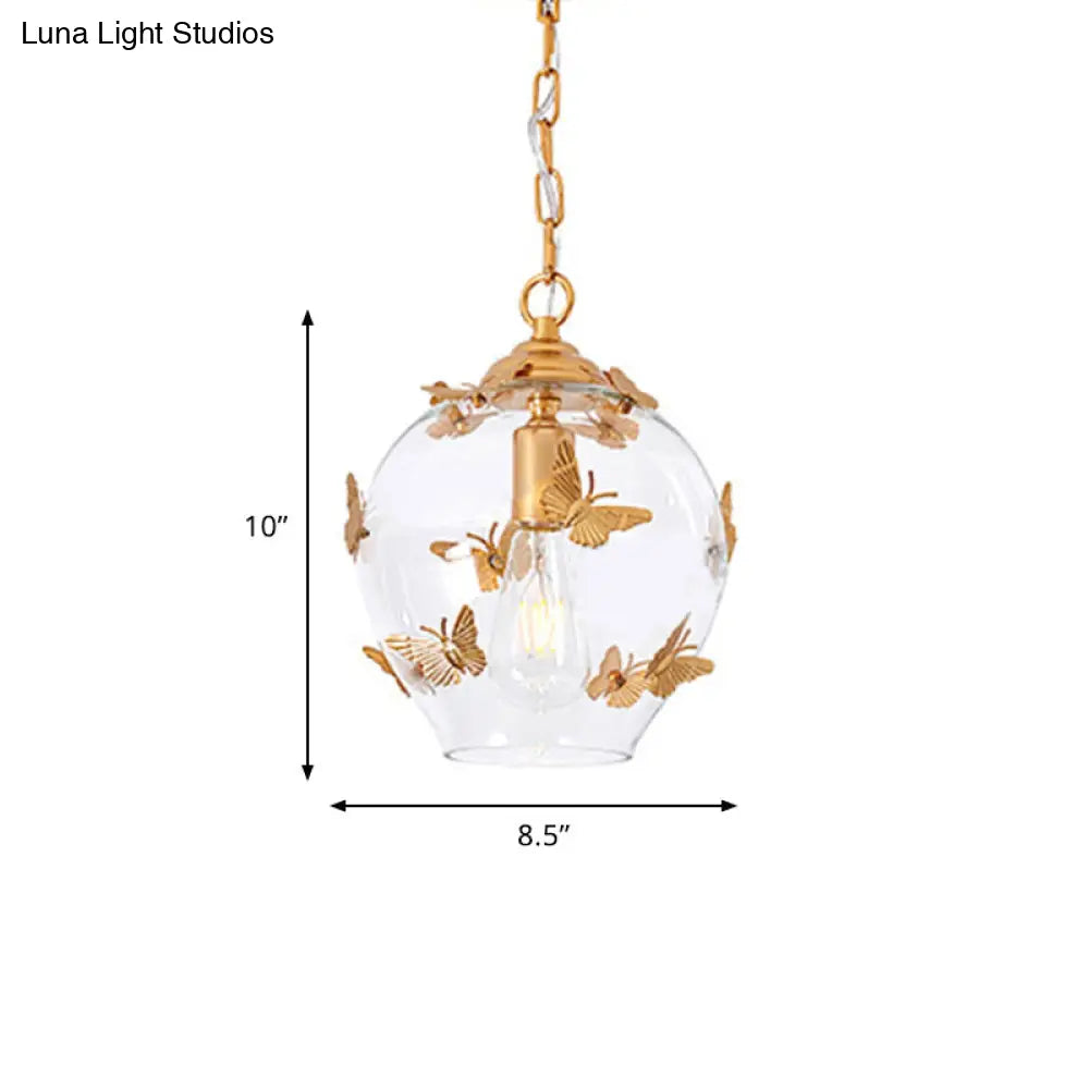 Clear Glass Bud Drop Pendant Light - Contemporary 1-Light Bedroom Suspension Lamp with Butterfly Deco