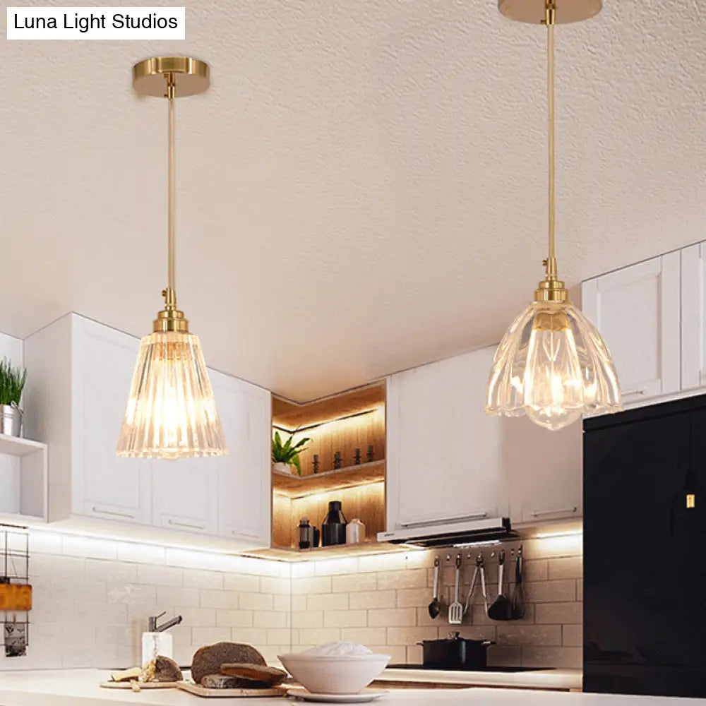 Clear Glass Bud Kitchen Pendant Light with Brass Suspension