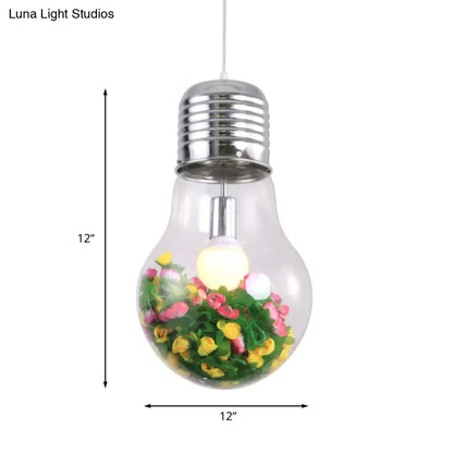 Clear Glass Bulb Pendant Lamp - Industrial Style 1-Light Hanging Light with Artificial Flower, 6"/9" Wide