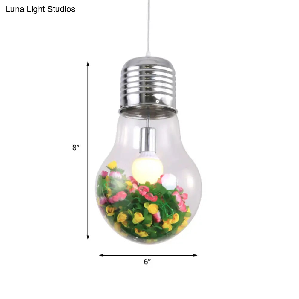 Clear Glass Bulb Pendant Lamp - Industrial Style 1-Light Hanging Light with Artificial Flower, 6"/9" Wide