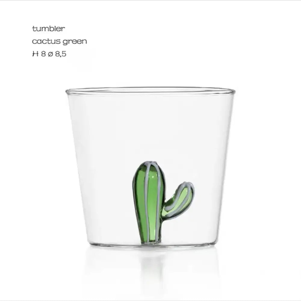 Clear glass cup featuring a vibrant green decorbites cactus bunny design fused into its base for dining room use
