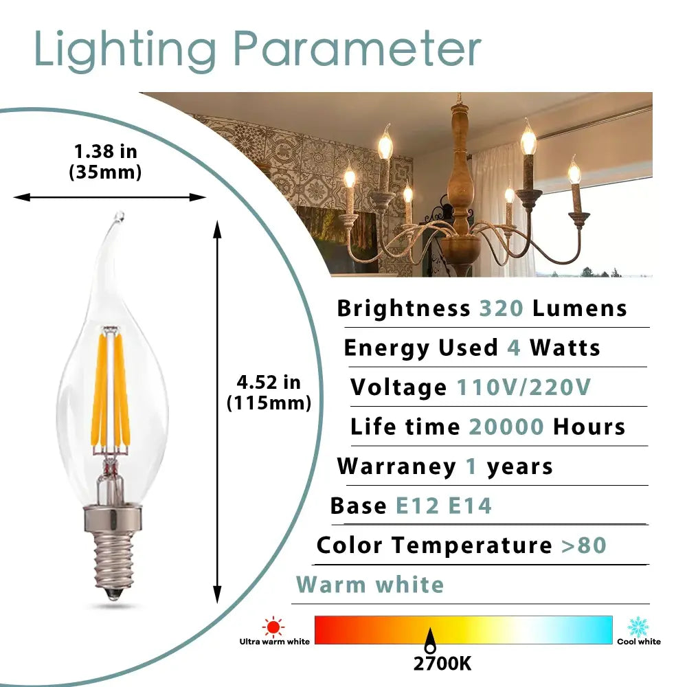 Clear glass candle-style led bulbs with warm white glow and e12 e14 base for decorbites dimmable chandelier use