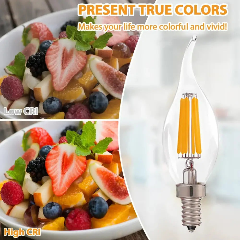 Clear glass decorbites dimmable chandelier led bulbs with three warm yellow filaments and metallic screw base for dining room