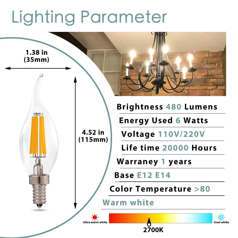 Clear glass candelabra dimmable chandelier led bulbs with warm white glow and three yellow filaments 12-pack for decorbites dimmable chandelier