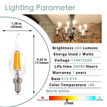 Clear glass candelabra dimmable chandelier led bulbs with warm white glow and three yellow filaments 12-pack for decorbites dimmable chandelier