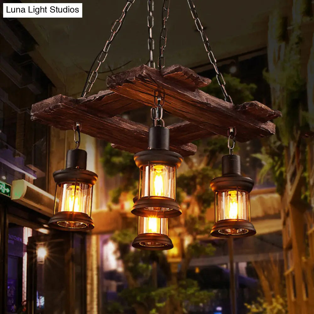 Clear Glass Chandelier Industrial Pendant Light - 4-Light Kerosene Style with Rust Chain - Ideal for Coffee Shops