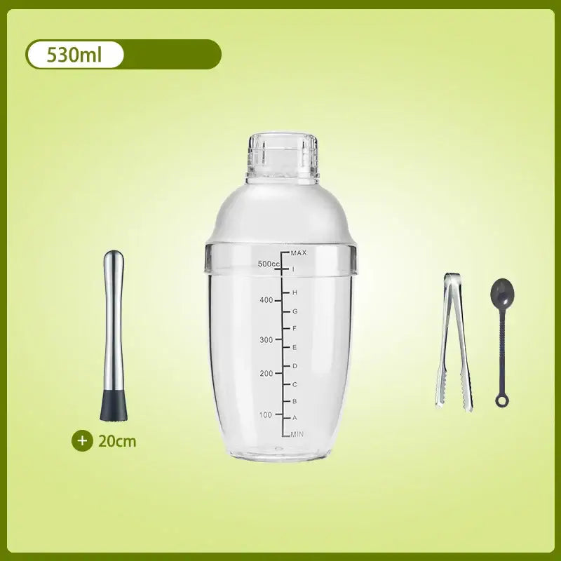 Clear glass cocktail shaker with silver lid 530ml capacity measurement markings with muddler tongs and spoon for beverage mixer
