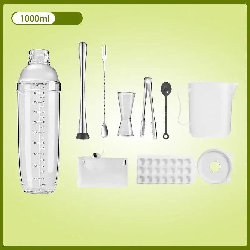 Clear glass decorbites cocktail shaker with silver lid and 1000ml measurement markings for kitchen and barware use