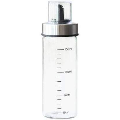 Clear glass condiment bottle set with stainless steel pump and measurement lines from 10ml to 150ml for kitchen use