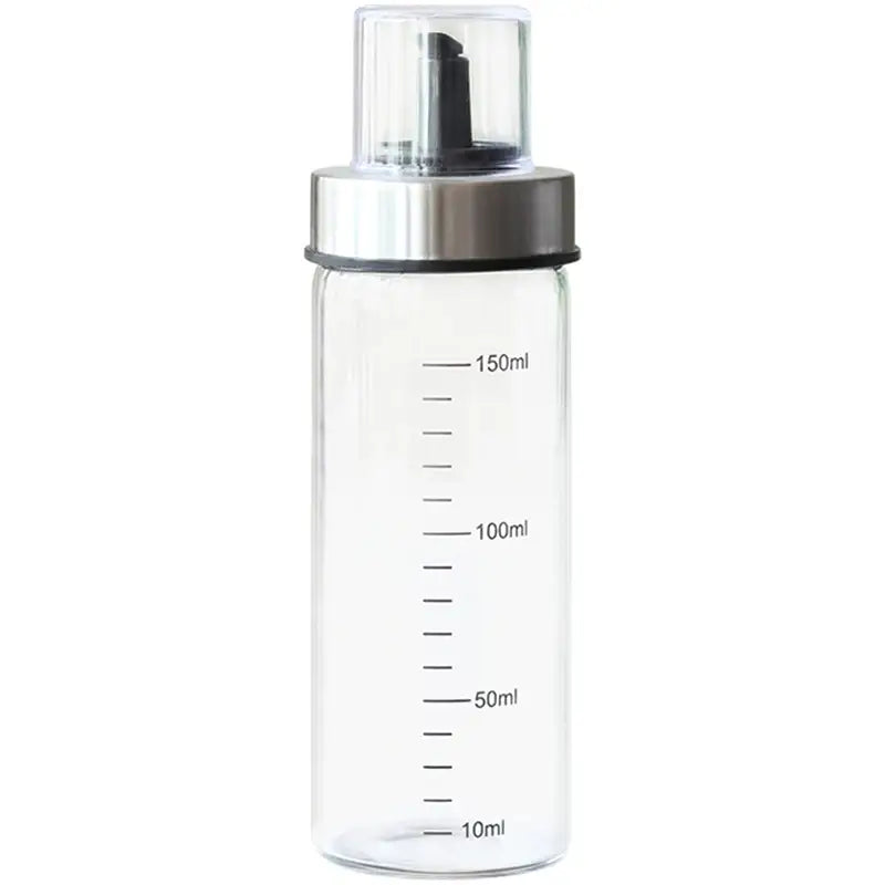 Clear glass condiment bottle set with stainless steel pump and measurement lines from 10ml to 150ml for kitchen use