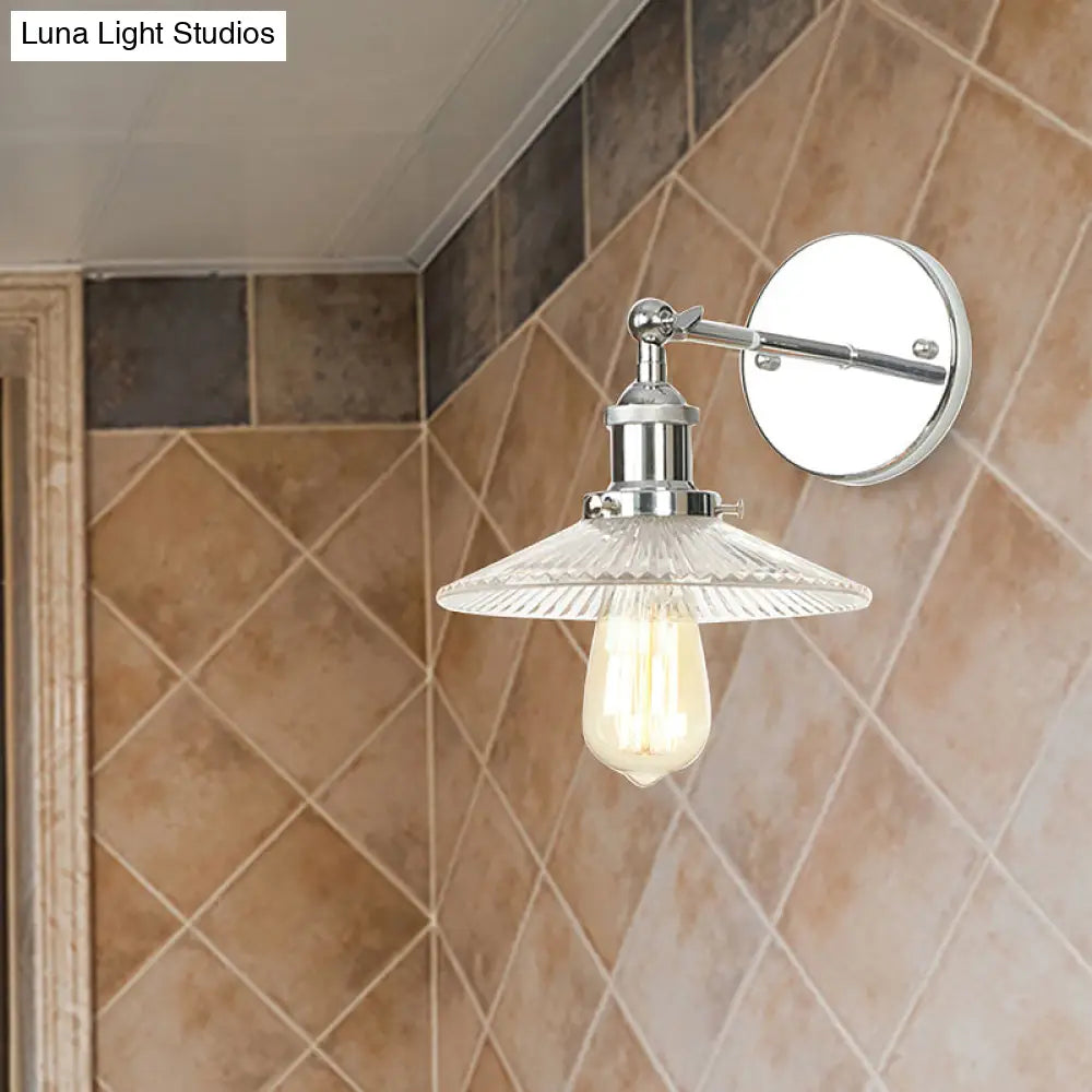 Aplique de pared cónico de cristal transparente para baño - Estilo industrial, bombilla individual, cromado