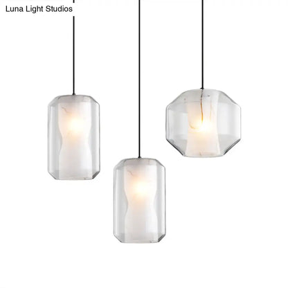 Clear Glass Cylinder Pendant Light with White Marble Shade - 1-Light Dining Room Ceiling Lighting