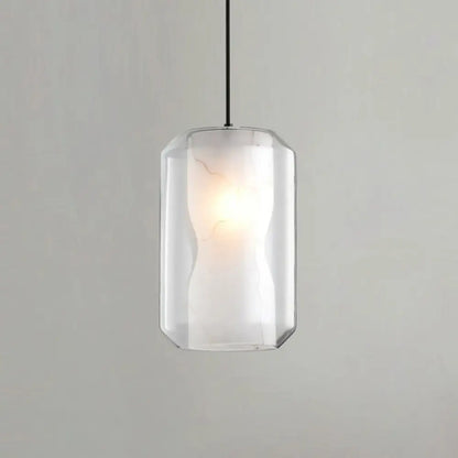 Clear Glass Cylinder Pendant Light with White Marble Shade - 1-Light Dining Room Ceiling Lighting