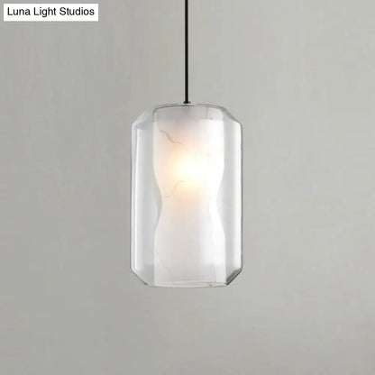 Clear Glass Cylinder Pendant Light with White Marble Shade - 1-Light Dining Room Ceiling Lighting