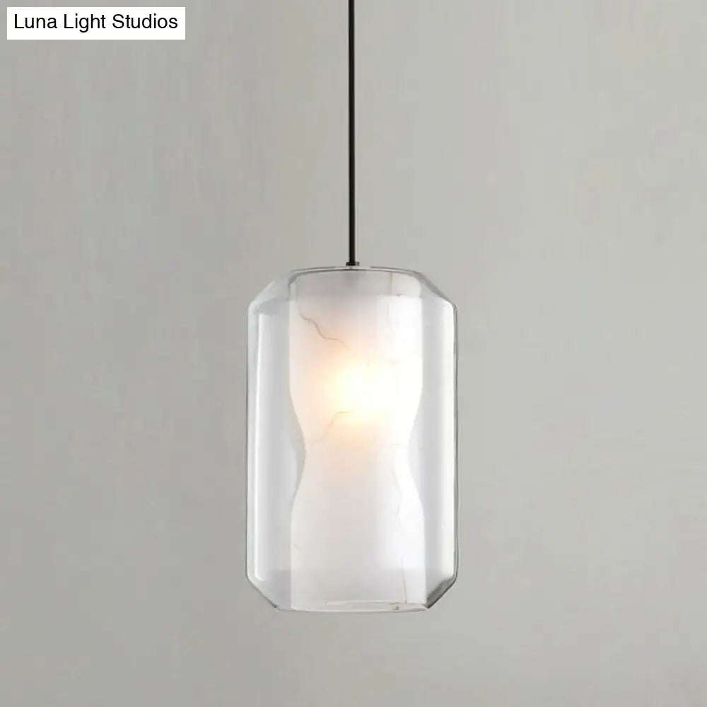 Clear Glass Cylinder Pendant Light with White Marble Shade - 1-Light Dining Room Ceiling Lighting