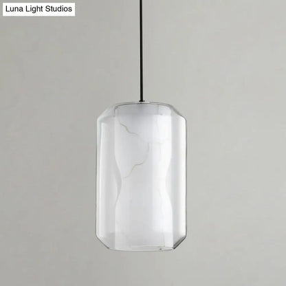 Clear Glass Cylinder Pendant Light with White Marble Shade - 1-Light Dining Room Ceiling Lighting