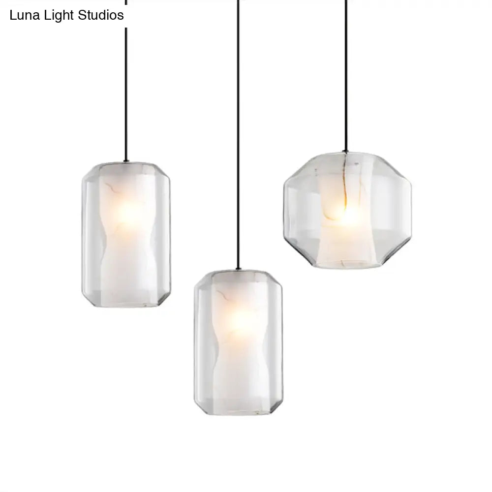 Clear Glass Cylinder Pendant Light with White Marble Shade - 1-Light Dining Room Ceiling Lighting