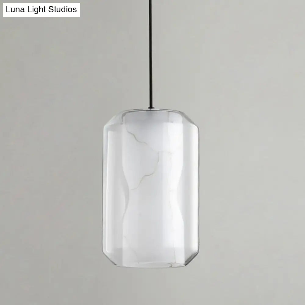 Clear Glass Cylinder Pendant Light with White Marble Shade - 1-Light Dining Room Ceiling Lighting