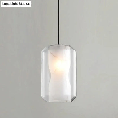 Clear Glass Cylinder Pendant Light with White Marble Shade - 1-Light Dining Room Ceiling Lighting