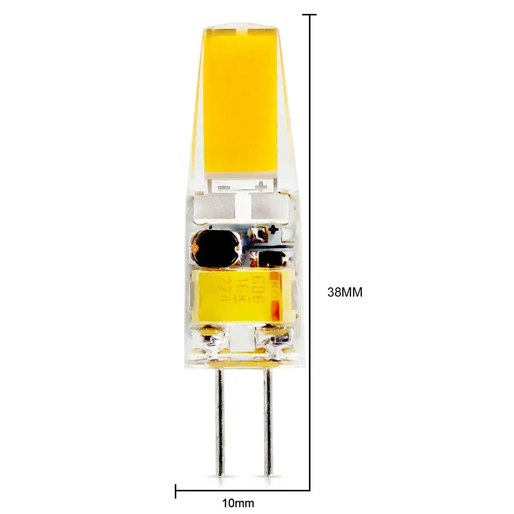 A clear glass dimmable g4 12v led bulb with yellow internal diodes and metallic pins for kitchen replacement lighting