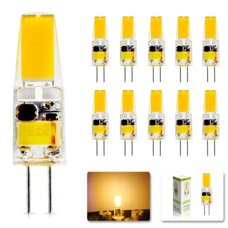Clear plastic-coated led bulb with yellow panel and two metal pins in a package of ten dimmable g4 12v 12v led bulb replacement