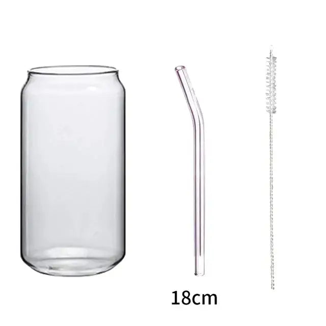 Clear glass drink cup with bamboo lid soda can shape curved straw and cleaning brush decorbites glass drink glass cup
