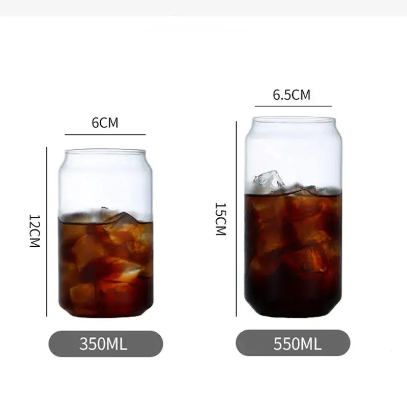 Clear glass soda can-shaped glass drink cups with bamboo lid and straw in 350ml and 550ml decorbites glass drink