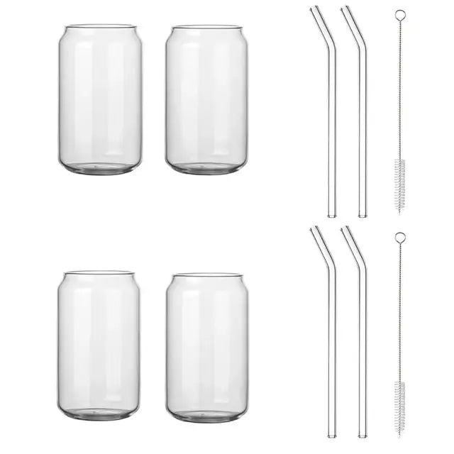 Clear glass drink cup with bamboo lid and straw featuring a soda can-shaped decorbites glass drink design