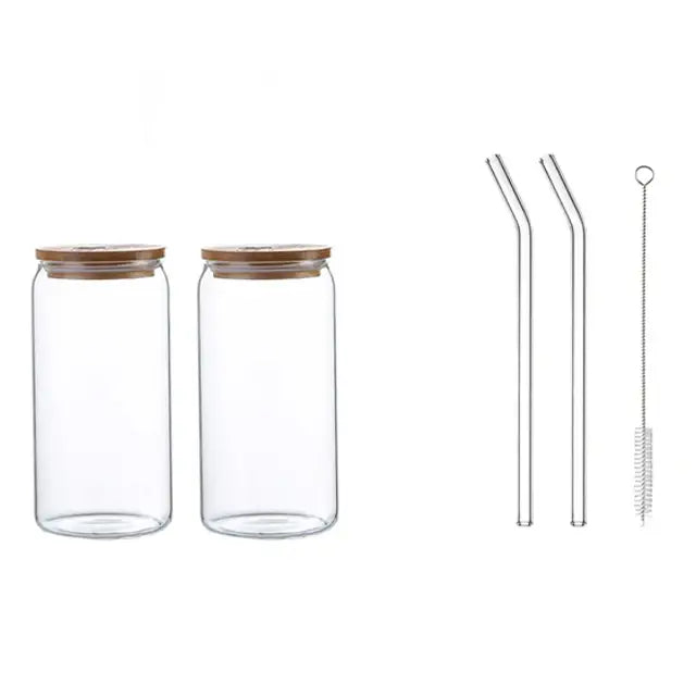 Clear glass drink cups with bamboo lids and straws by decorbites perfect for kitchen soda and refreshing drinks