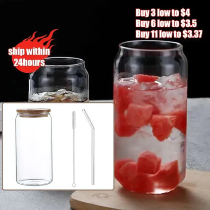 Clear glass drink cup with bamboo lid and straw set featuring a reusable glass cup for soda by decorbites glass drink