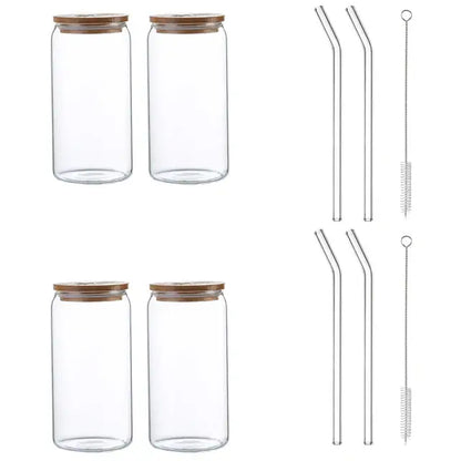 Set of four clear glass drink cups with bamboo lids and matching glass straws by decorbites for kitchen soda use