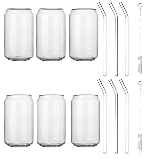 Set of six clear glass drink cups with bamboo lids, curved glass straws, and cleaning brushes for soda decorbites glass drink
