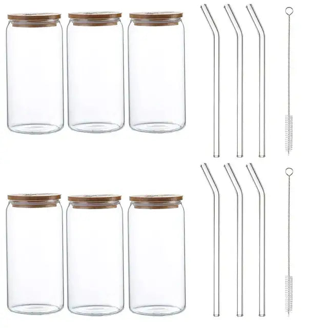 Set of six clear glass drink cups with bamboo lids and stainless steel straws perfect for kitchen soda use