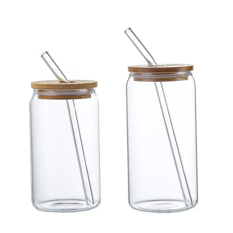 Clear glass drink cup decorbites glass drink with bamboo lid and stainless steel straw for kitchen soda use