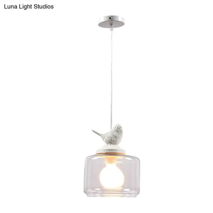 Clear Glass Drum Pendant Light Fixture with Contemporary Design, Single Head - Ideal for Restaurant Decor with Bird Decoration