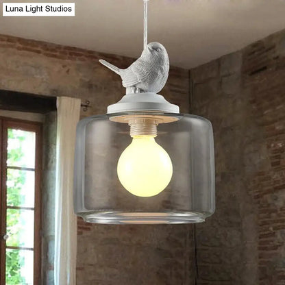 Clear Glass Drum Pendant Light Fixture with Contemporary Design, Single Head - Ideal for Restaurant Decor with Bird Decoration