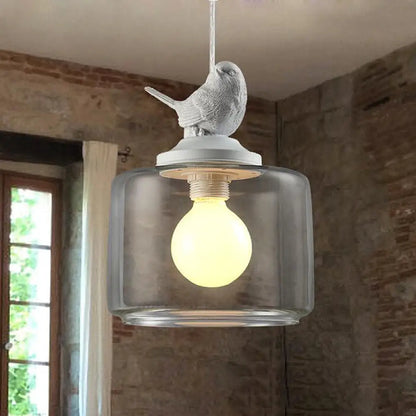 Clear Glass Drum Pendant Light Fixture with Contemporary Design, Single Head - Ideal for Restaurant Decor with Bird Decoration