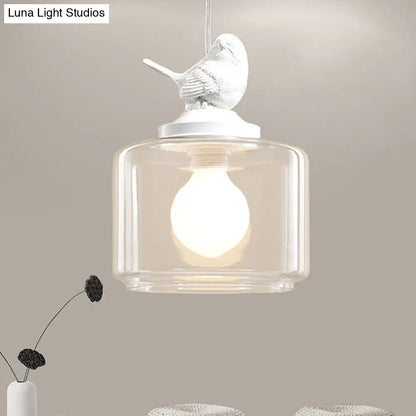 Clear Glass Drum Pendant Light Fixture with Contemporary Design, Single Head - Ideal for Restaurant Decor with Bird Decoration