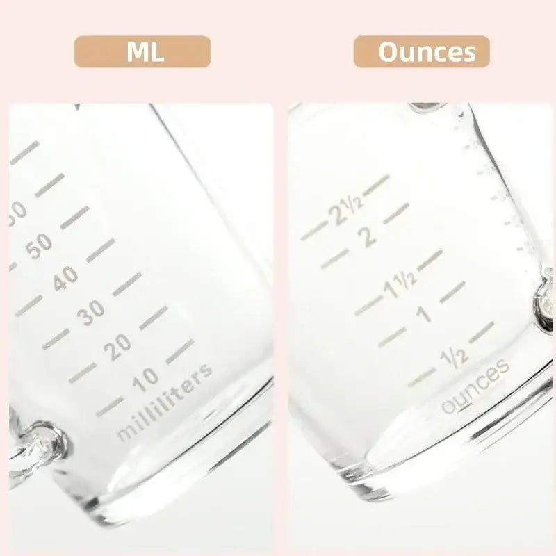 Clear glass espresso measuring cup with handle featuring engraved milliliter and ounce markings for precise measuring