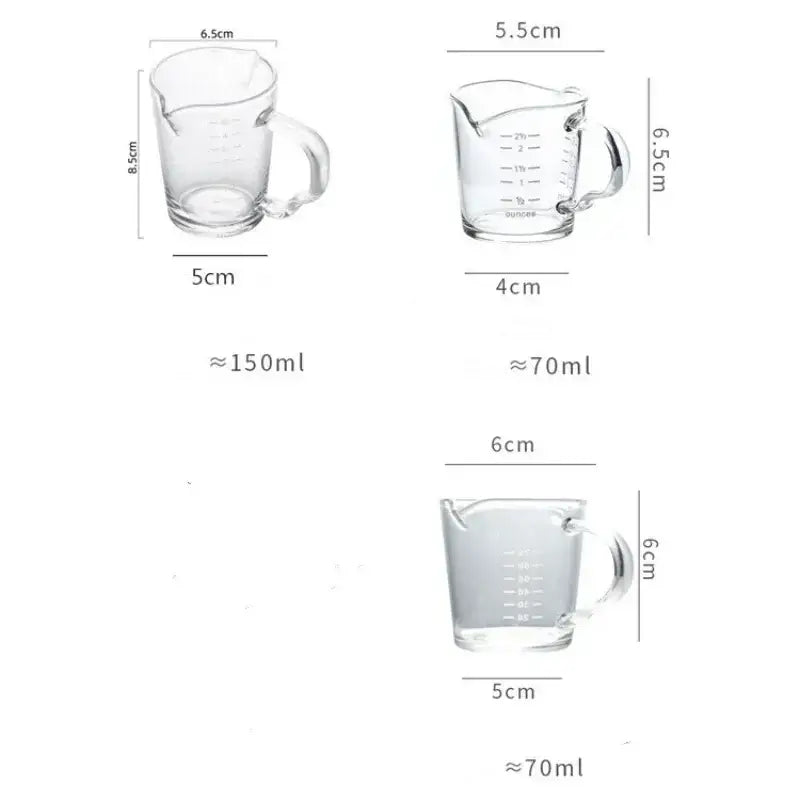 Clear glass espresso measuring cup with handle and graduated markings available in 70ml and 150ml capacities
