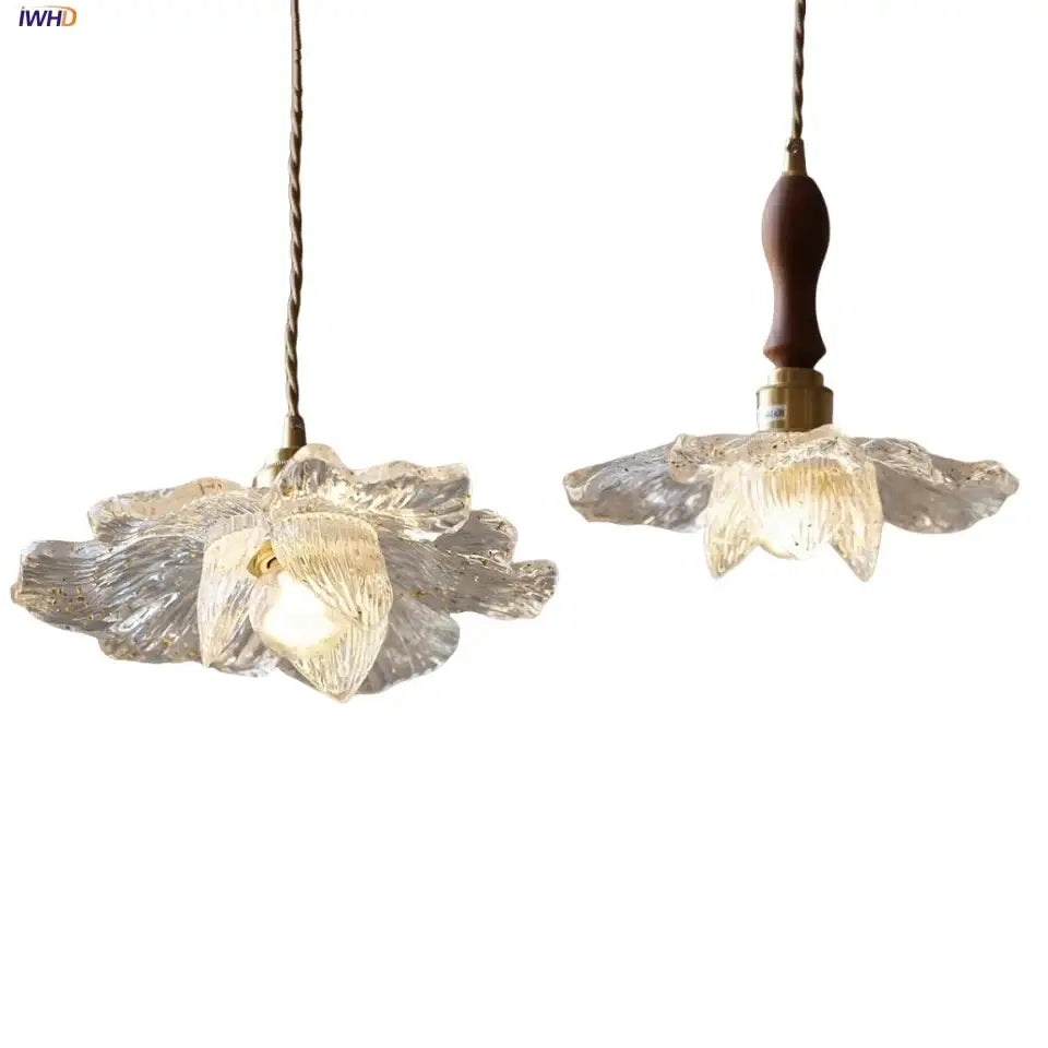 Clear glass flower acrylic led pendant light with walnut wood handle and brass accents for dining room decorbites acrylic led
