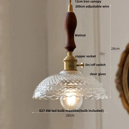 Vintage-style pendant light with dark walnut wood canopy brass hardware and clear glass flower acrylic led shade decorbites acrylic led pendant