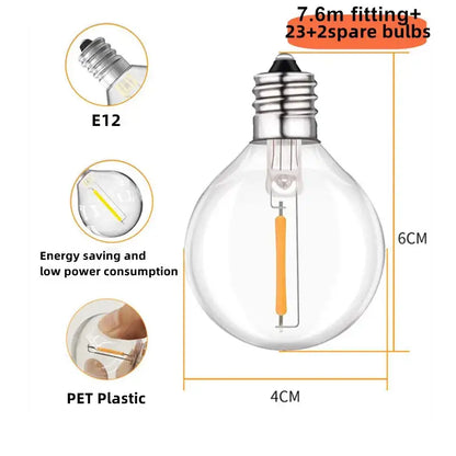 Clear glass globe g40 led string light with silver e12 base and orange led filament made of pet plastic for garden decor