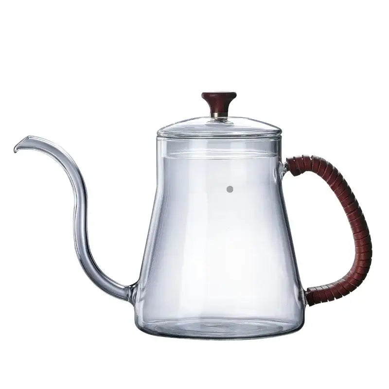 Clear glass hand drip coffee kettle with dark reddish-brown wood handle and lid knob decorbites glass coffee drip kettle
